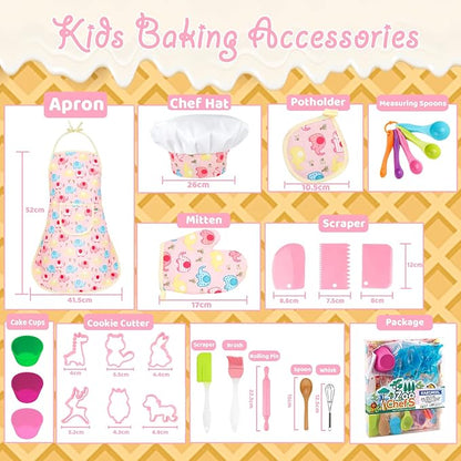 KAEGREEL Elephant Baking Chef Set for Kids, 26 Pcs Kids Cooking Set with Elephant Apron & Hat, Chef Supplies Kitchen Toys Dress Up Role Play Gifts for Girls Boys Aged 3-8