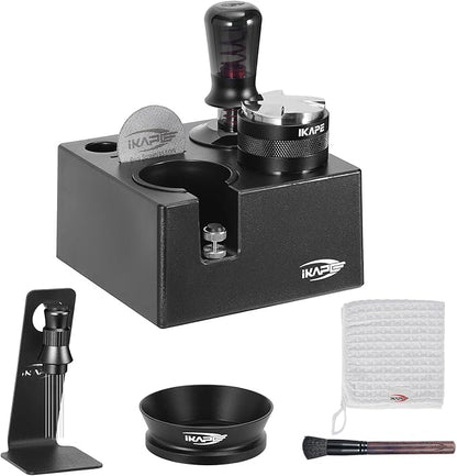 IKAPE 58mm Black Espresso Tool Set 8 IN 1, Coffee Tamper, Distributor, Magnetic Funnel, Puck Screen, Tamper Station, Stirrer Distribution Tool, Cleaning Towel and Brush