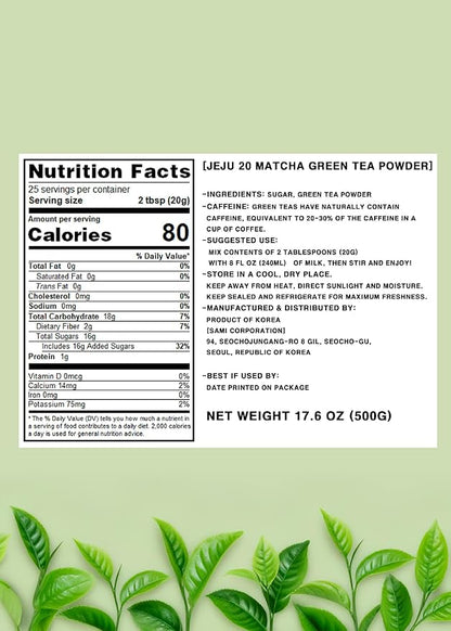 Korean Food Jeju 20 Matcha Powder (1pack, 3.5oz), Jeju Sweet Green tea Latte Mix Powder, Cafe Style Instant Drink, Resealable Bag
