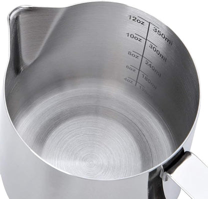 Milk Frothing Pitcher Cup, 12oz/350ML Milk Frother Cup Stainless Steel Steaming Pitcher Milk Jug Coffee Latte Art Cappuccino Espresso Machine Accessories Barista Steam Pitchers Attached Dessert Spoons