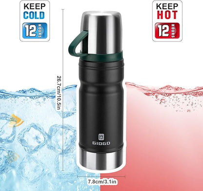 Vacuum Insulated Water Bottle Thermo Water Flask with Cup 680ml/23oz Stainless Steel Thermal Water Bottles Thermo for Hot and Cold Drinks Coffee Water(Black,Single)