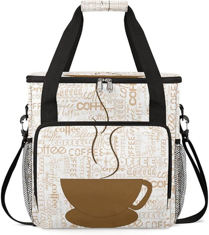 Coffee Cup Coffee Maker Carring Bag Coffee Texts Travel Carrying Storage Tote Bag Compatible with Keurig K-Mini or K-Mini Plus Portable Single Serve Coffee Brewer Case with Pockets for K-cup Pods