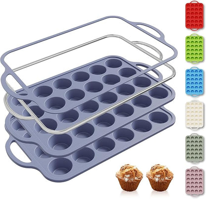 2 Packs 24 Cups Silicone Muffin Pan with Metal Reinforced Frame Mini Size Cupcake Pan Tray Egg Bites Silicone Circle Cookie Molds Muffin Tin Tart Pans Baking Sheet Set for Breakfast Sandwiches