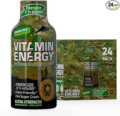 Vitamin Energy Immune+ Extra Strength Energy Shot Army Orange 24 Pack, 260mg Natural Caffeine, B-Vitamins, Citicoline, Green Tea, Immunity & Focus Support, Zero Sugar, Gluten-Free 1.93 fl oz