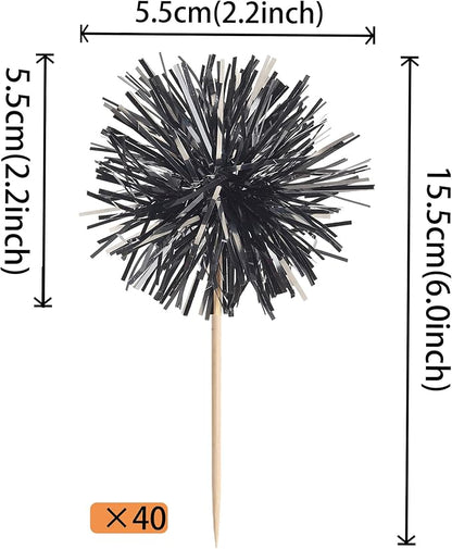 40 PCS Black Foil Firework Cupcake Toppers Sparkle Tinsel Cupcakae Picks Sparkler Fireworks Party Decorations Cocktail Fruit Toothpick for Birthday Wedding Graduation Party Decorations Supplies