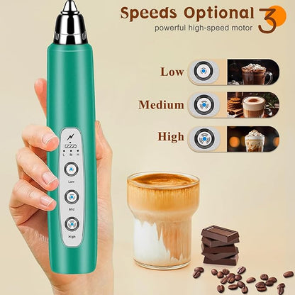Milk Frother Handheld Rechargeable with Stand, Frother Wand Drink Mixer Electric Whisk for Coffee, Detachable With 3 Stainless Whisks, Hand Mixer for Lattes, Cappuccino, Matcha, Egg, Green