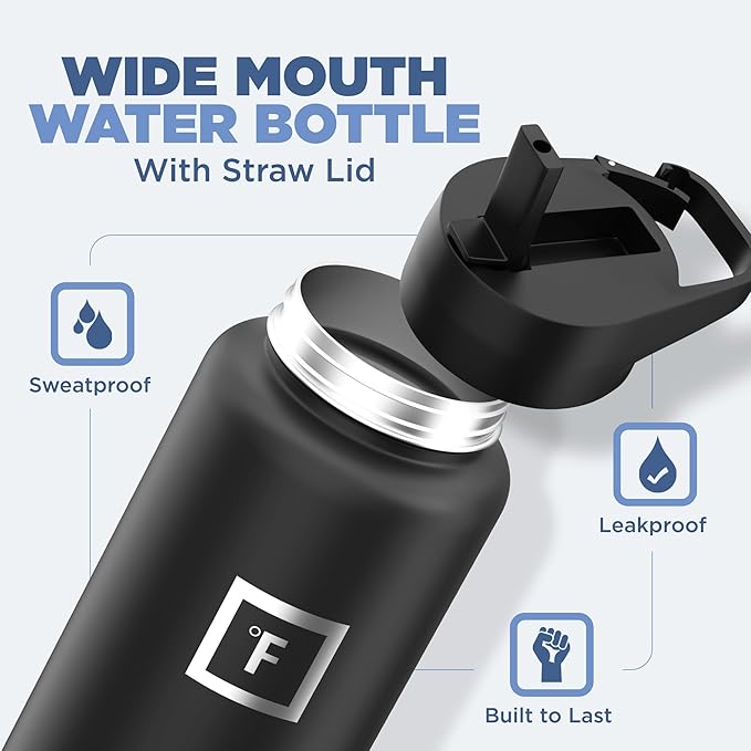IRON °FLASK Camping & Hiking Hydration Flask with 3 Lids - Stainless Steel, Double Walled & Vacuum Insulated Water Bottle - Leak Proof & BPA Free (Twilight Blue, Straw - 40 oz)