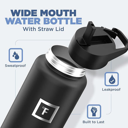 IRON °FLASK Camping & Hiking Hydration Flask with 3 Lids - Stainless Steel, Double Walled & Vacuum Insulated Water Bottle - Leak Proof & BPA Free (Cobalt, Straw - 40 oz)