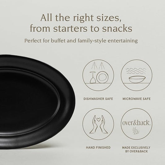 over&back Rim Stoneware Serving Platter - Elegant 1-Piece Oval Serving Platter to Complete Your Kitchen Set - 16" L x 10.8" W Semi-Matte Black