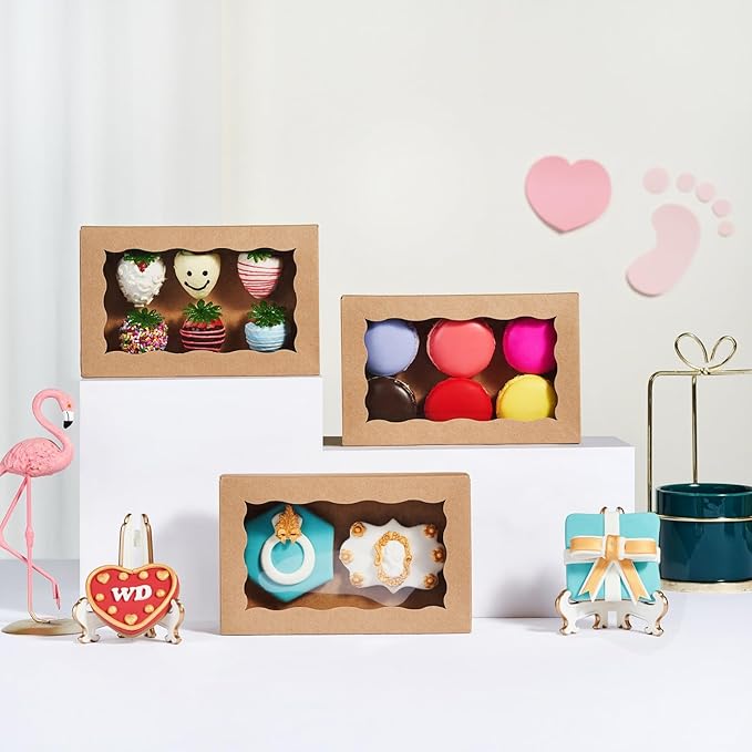 50pcs 7x4.33x1.5 Inch Brown Cookies Boxes with Window Bakery Boxes Cake Pop Boxes Chocolate Macaron Boxes Cakesickle Boxes Treat Boxes for Christmas Valentine's Father's Mother's Day