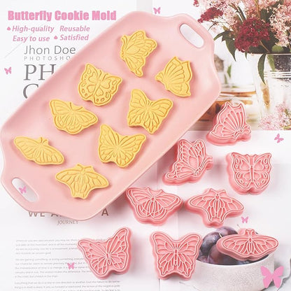 Butterfly Cookie Cutters 8 Pcs Plastic Biscuit Cutter Set 3D Pressable Cake Baking Fondant Embosser Stamps for Party Decoration Pastry Tools (F8)