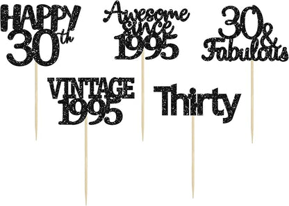 Gyufise 30Pcs Black Glitter Vintage 1995 Cupcake Toppers Awesome Since 1995 Cake Decorations Cheers to 30 Fabulous Thirty Cupcake Picks 30th Birthday Wedding Anniversary Party Cake Decorations
