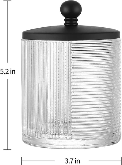 Glass Cotton Jar Holder Matte Black Lid, Elegant Bathroom Storage Canister for Qtips, Cotton Balls, Floss, Makeup Organizer, Vanity Bathroom Organization