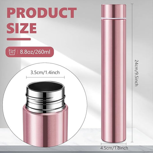 Vesici 1 Pack Slim Water Bottle 8.8 oz Small Stainless Steel Purse Compact Insulated Water Bottles Camping Travel Backpack Pocket Flask for Car Cold Coffee Tea (Rose Gold)