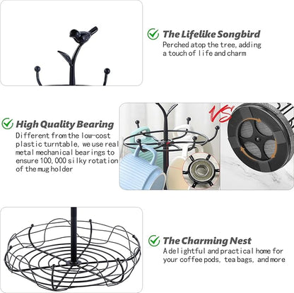 Rotating Mug Tree for Countertop | Decorative Bird & Nest Mug Holder with Storage Basket | Holds 6 Mugs & Pods | 360° Spinning Coffee Cup Rack for Kitchen, Coffee Bar Accessories & Home Décor