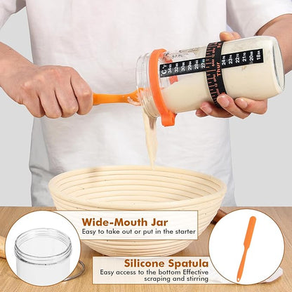 Sourdough Bread Baking Supplies, Sourdough Starter Kit, 2 9 Inch Round Banneton Bread Proofing Basket with 24 Oz Glass Jar, Sour Dough Tools with Danish Dough Whisk & Scraper