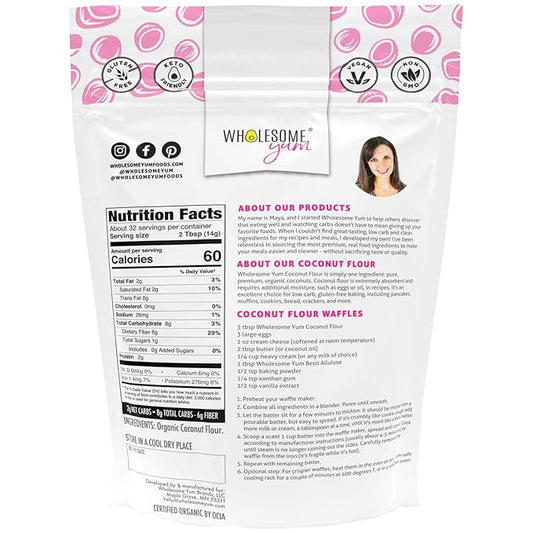 Wholesome Yum Premium Organic Coconut Flour For Baking & More (16 oz / 1 lb) - Low Carb, Gluten Free, Non GMO, Keto Friendly Flour Substitute