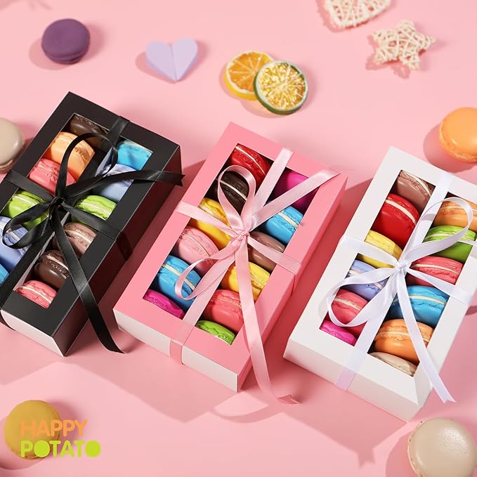 HAPPY POTATO 15 Pack Macaron Boxes - 12 Count, 7.2x4x1.9 Inches, Black with Clear Window, Includes Ribbon