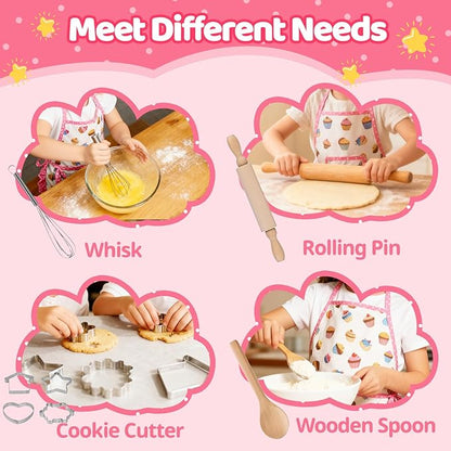 11 PCS Kids Baking Set for Girls, Chef Costume with Adjustable Apron & Hat, Pretend Play Kitchen Toys for Toddlers 3-8, Birthday Xmas Gifts for Little Chefs
