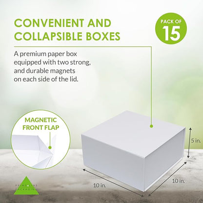Prime Line Packaging Magnetic Gift Boxes 15 Pack 10x10x5 Medium Collapsible White Box with Magnetic Lid for Gift Boxes, Holiday Wrap, Birthdays, Weddings, All Occasions, Bulk