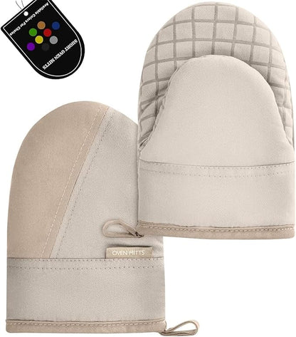 Mini Oven Mitts, Kitchen Oven Gloves Kitchen Mittens 500 Degrees Heat Resistant Baking Gloves, Non-Slip Silicone Surface with Hanging Loops Hot Gloves for Cooking, Baking, BBQ 1 Pair-Khaki