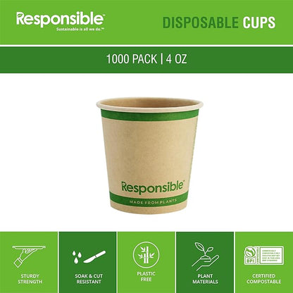 4 oz Paper Hot Cups, Tree-Less™ Compostable Paper Coffee Cups, Extra Strength, Tree-Free and Made Without PFAS, Natural Brown (1000 Count)