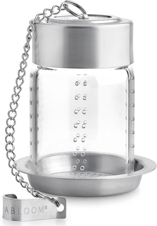 Teabloom Puresteep Glass Tea Infuser with Lid & Drip Tray – Borosilicate Glass Loose Leaf Steeper with Stainless Steel Chain – Non-Toxic – Small or Large Size