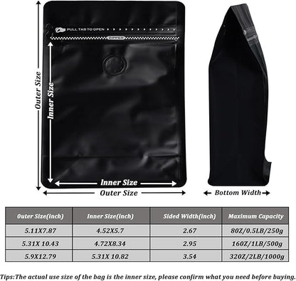Coffee Bags with Valve (50 PCS,16oz/1lb) Black High Barrier Aluminum Foil Flat Bottom Standing Coffee Beans Storage Packaging Bags, Reusable Heat Seal Side Zipper Pouches for Small Business and Home