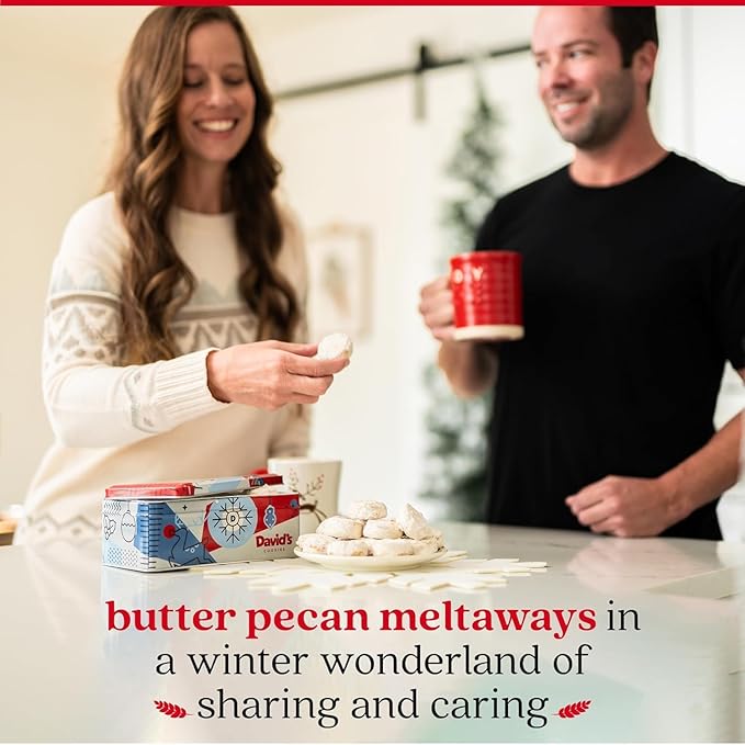David’s Cookies Winter Wonderland Butter Pecan Meltaway Cookies Tin - Delicious Butter Cookies with Crunchy Pecans - Soft & Melt In Your Mouth Flavorful Cookies, Gourmet Holiday Food Gift Basket 16oz