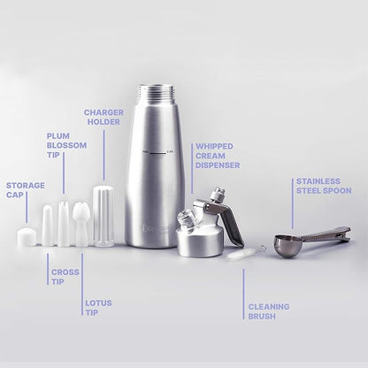 Professional Whipped Cream Dispenser 1 Pint Aluminum Cream Whipper, Durable Stainless Steel Coffee Spoon, 3 Decorating Nozzles, Charger Holder and Cleaning Brush (N2O Cartridge not Included)