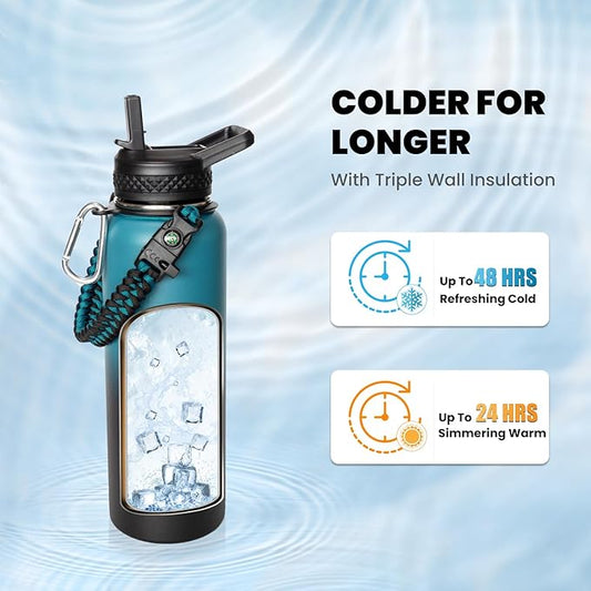 Insulated Water Bottle 40 oz, Triple Wall Vacuum Stainless Steel (Cold for 48 Hrs), Leak Proof & Non-BPA, Modern Water Flask Jug with Paracord Handle & Straw Spout Lids, Indigo/Black