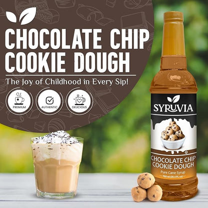 Syruvia Chocolate Chip Cookie Dough Syrup - 25.4 fl oz. Kosher and Gluten-Free. Ideal for Enhancing Drinks, Sodas, Shakes, Desserts, and More.