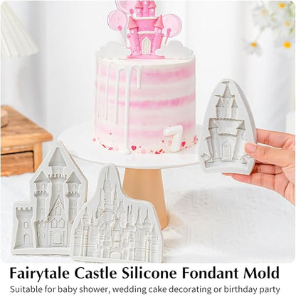 KALAIEN Castle Silicone Mold,3Pcs/Set Castle Cake Fondant Molds,Princess Chocolate Molds Castle Silicone Mirror Mould for Cake Decorating, FTM5036