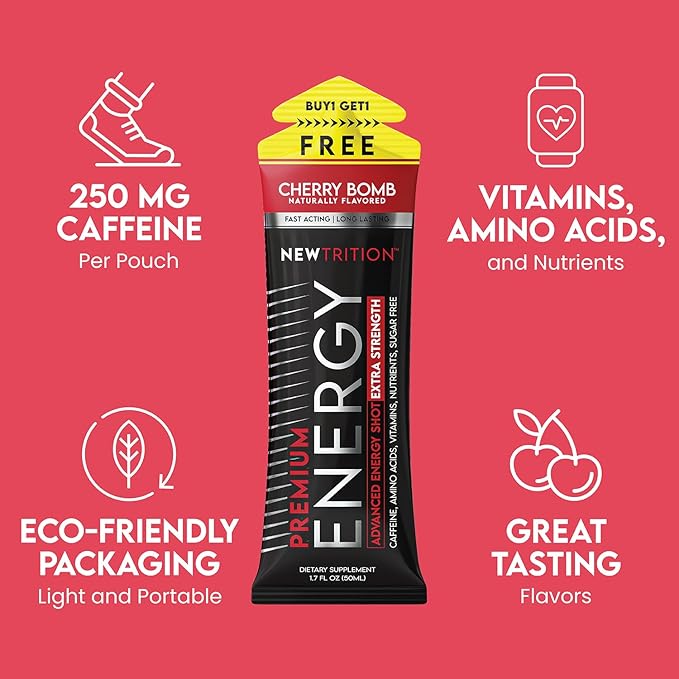 NewTrition® Extra Strength Energy Shots, 250mg Caffeine Energy Shots with Vitamin B & Amino Acids, Sugar-Free Vitamin Energy Shot, 1.7 fl oz (Pack of 12, Cherry Bomb)