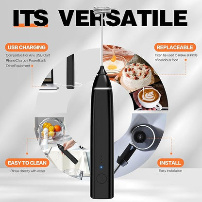 Milk Frother Rechargeable Handheld Electric Whisk Coffee Frother Mixer with 2 Stainless whisks 3 Speed Adjustable Foam Maker Blender for Coffee Matcha Latte Hot Chocolate(Pure black)