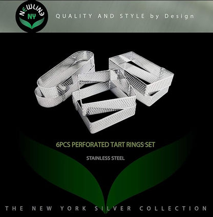NewlineNY Stainless Steel 6 Pcs Perforated Oval, Rectangular, Square Tart Rings Molding Plating: 2 of each (5" x 1.5") + (4" x 1.5") + (2.8" square) x (0.8" H) Sizes