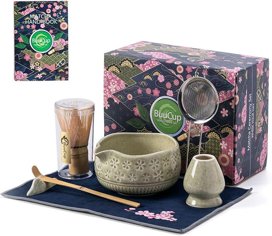 Matcha Whisk Set, Ceramic Matcha Set Includes Matcha Bowl, Matcha Whisk and Holder, Bamboo Scoop, Scoop Rest, Sifter and Tea Towel - 7 Pcs Matcha Kit for Matcha Lovers (Mottled Green)