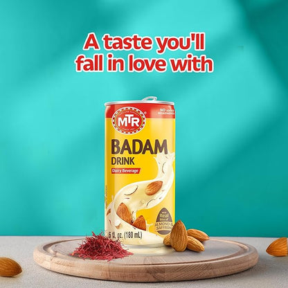 MTR Badam Drink, Ready-to-Drink - Authentic Indian Almond Milk Beverage, Real Bits of Almond & Saffron, No Added Preservatives, No Added Artificial Flavors & Colors, Gluten-Free, Refreshing Drink, Perfect for Anytime Refreshment, Pack of 6