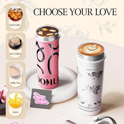 GOOM 20 oz Spill Proof Tumbler with Lid and Straw, Top Handle, Extended Tea Infuser, 18/10 Stainless Steel, Insulated Hot & Cold Brew Gifts for Mom Women Her, Teacher Gifts - Floral White