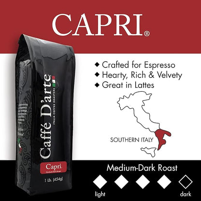 Caffe D'arte Capri Whole Bean Espresso Coffee – Fresh Roasted in Seattle, Italian Espresso Roast, Rich, Velvety & Full-Bodied Flavor - 1 Pound, Pack of 2
