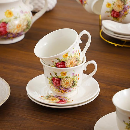 20-Pieces Porcelain Tea Sets For Women, Tea Set For Adult with Golden Metal Rack,Tea Gift Sets for Home&Party(012)