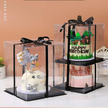 XININSUN 6Pcs Tall Cake Boxes Clear cake Box with Ribbon, 12x12x 10inch,Ideal for Large 10" and 12" Inch Tall Layer Tiered Cakes and Clear Gift Boxes for Wedding Party and Gift Display - Black