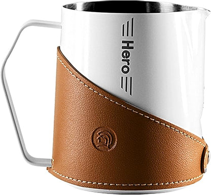 Milk Frothing Pitcher 450ml/16oz 304 Stainless Steel Espresso Steaming Pitcher with PU Leather, Milk Frothing Jug,milk frother cup,Milk Jug Cup,Premium Barista Tools,Latte Art (WHITE,16oz)