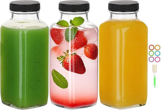 BIGIVACA 12 oz Glass Juice Bottles with Lids,3 PACK Bottles for Juicing,Square Drinking Jars Glass for Coffee,Cola,Milk,Tea in Travel,Work,School