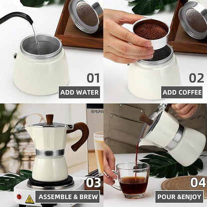 Mongdio Stovetop Espresso Maker Moka Pot, Cuban Coffee Maker Stove top coffee maker Moka Italian Espresso Greca Coffee Maker Brewer Percolator, 6 Espresso Cups, 10 oz - White