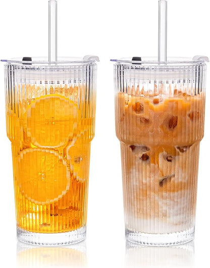 KEMORELA 2-Pack Ribbed Glass Tumblers with Lids & Straws – Vintage Iced Coffee Cups, Reusable Smoothie & Cocktail Drinking Glasses, Clear Glassware for Home or Cafe