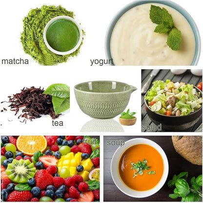 Ceramic Japanese Style Matcha Bowl Whisk Holder Temperature Resistant Braid Textured Matcha Tea Bowl Set With Spout for Trip (Green)