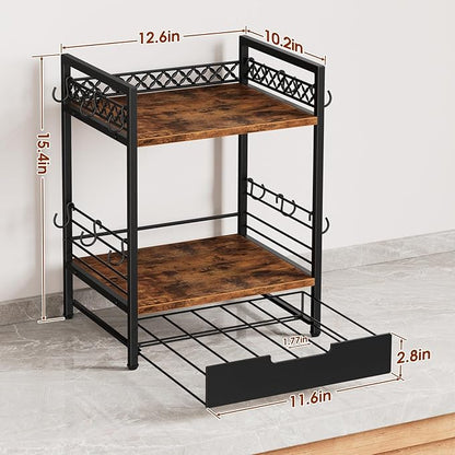 Coffee Bar Organizer Countertop, 2 Tier Mug Cup Holder Stand with 12 Hooks, 30 K Cup Coffee Pod Drawer with Mug Rack, Multifunctional Shelf Organizer for Accessories Station Kitchen (Brown)