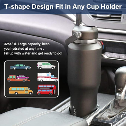 HYDROWION Water Bottle Stainless Steel,Vacuum Insulated Leak Proof Tumbler 32oz with Straw Lid, Spout Lid and Flex Cap(Cold for 48 Hrs, Hot for 24 Hrs), Fit in Any Car Cup Holder, Mint - Black