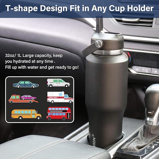HYDROWION 40 oz Insulated Water Bottle with Straw fit in Car Cup Holder(Cold 48 hrs, Hot 24 hrs) Drinking Bottle with Straw Lid, Spout Lid and Flex Cap Leakproof Travel Thermo Mug，Mint - Black